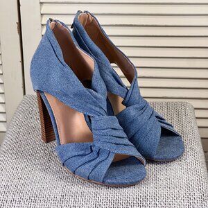Women's Just Fab Ellie Open Toe Denim Twist High Block Heeled Sandals Zip Size 7